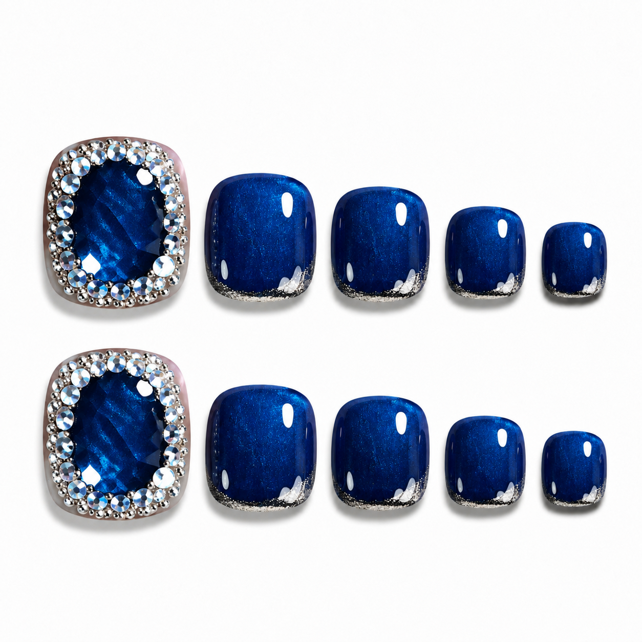 Blue ombr   press-on toe nails with a sparkling rhinestone border on the big toe, elegant design for formal events