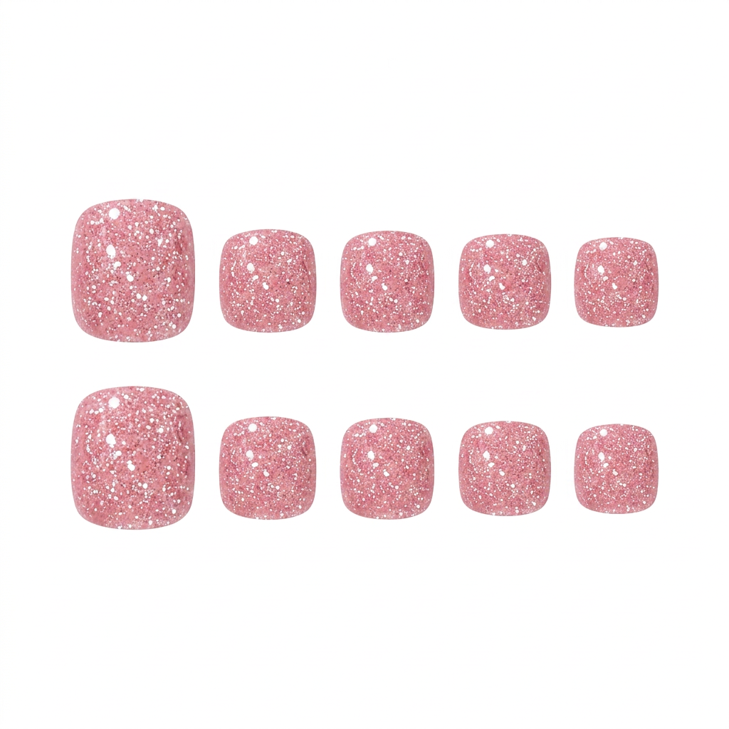 Classic pink press-on toe nails with all-over silver glitter shimmer finish