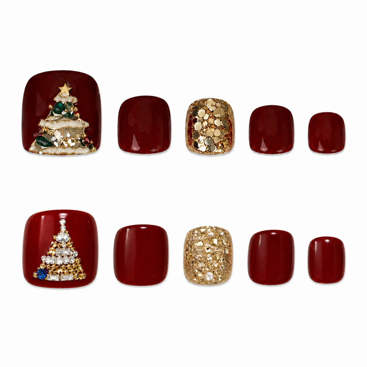 Festive red press-on toe nails with 3D Christmas tree holiday charms and gold glitter accent nails