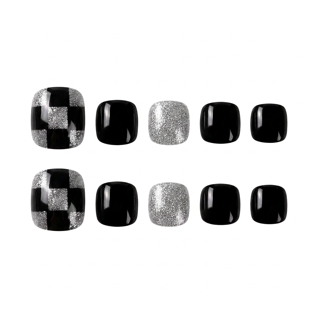 Black and silver glitter checkerboard pattern press-on toe nails with alternating solid black and silver glitter accents