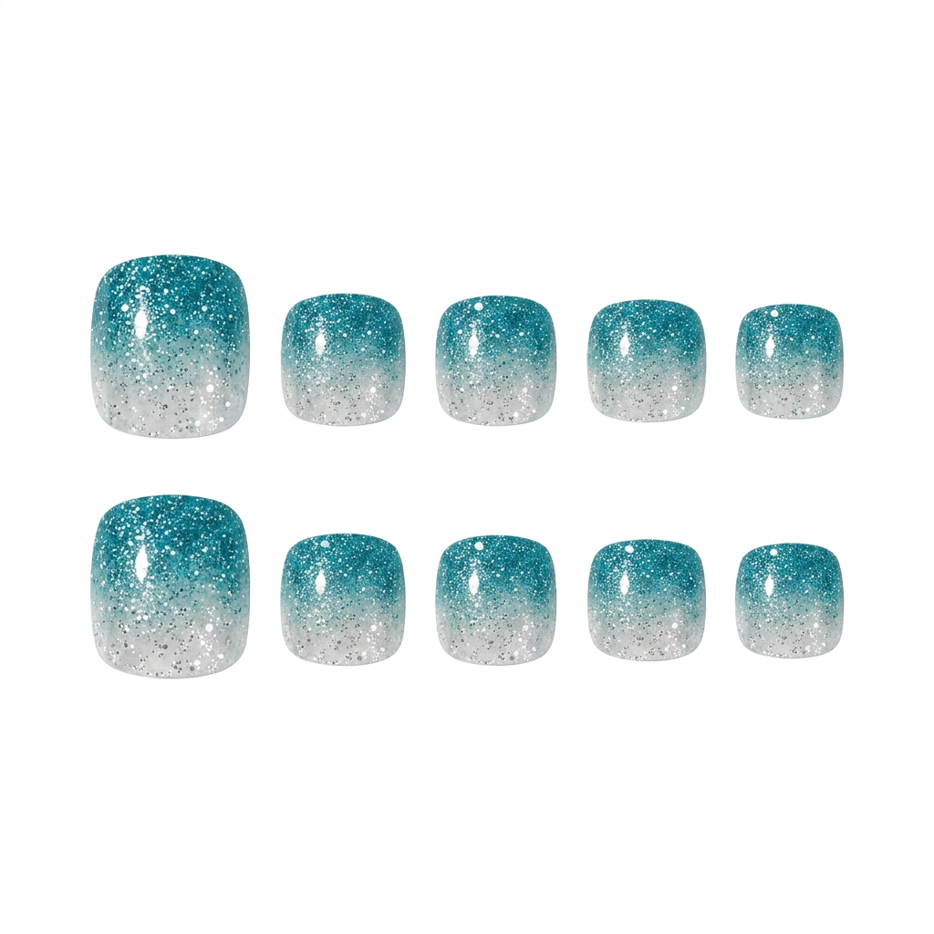 Teal and white glitter ombr   gradient press-on toe nails with sparkling finish