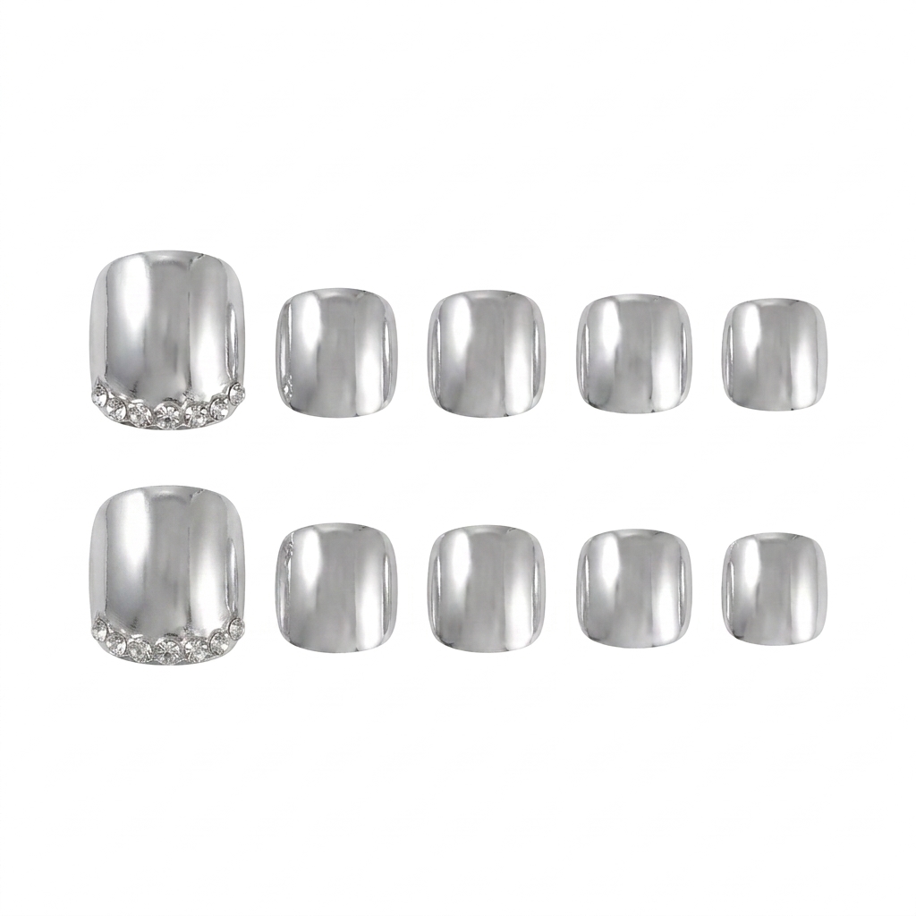 Silver mirror-finish chrome press-on toe nails with a row of clear rhinestone accents at the base of the big toe