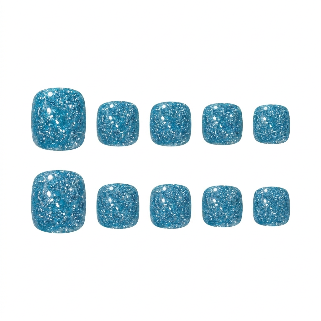 Solid sapphire blue press-on toe nails with full-coverage high-density silver glitter shimmer finish