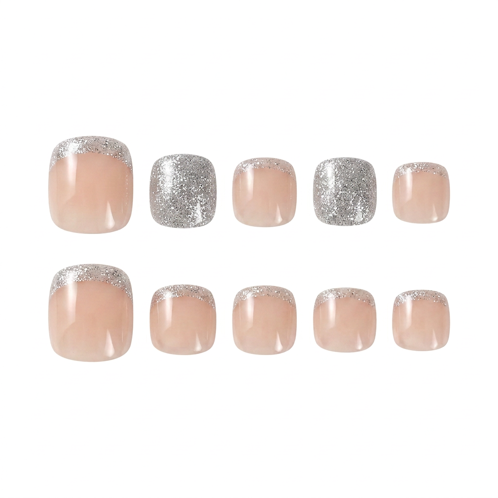 Natural nude press-on toe nails with silver glitter French tips and additional full-glitter accent nails, classic elegant style