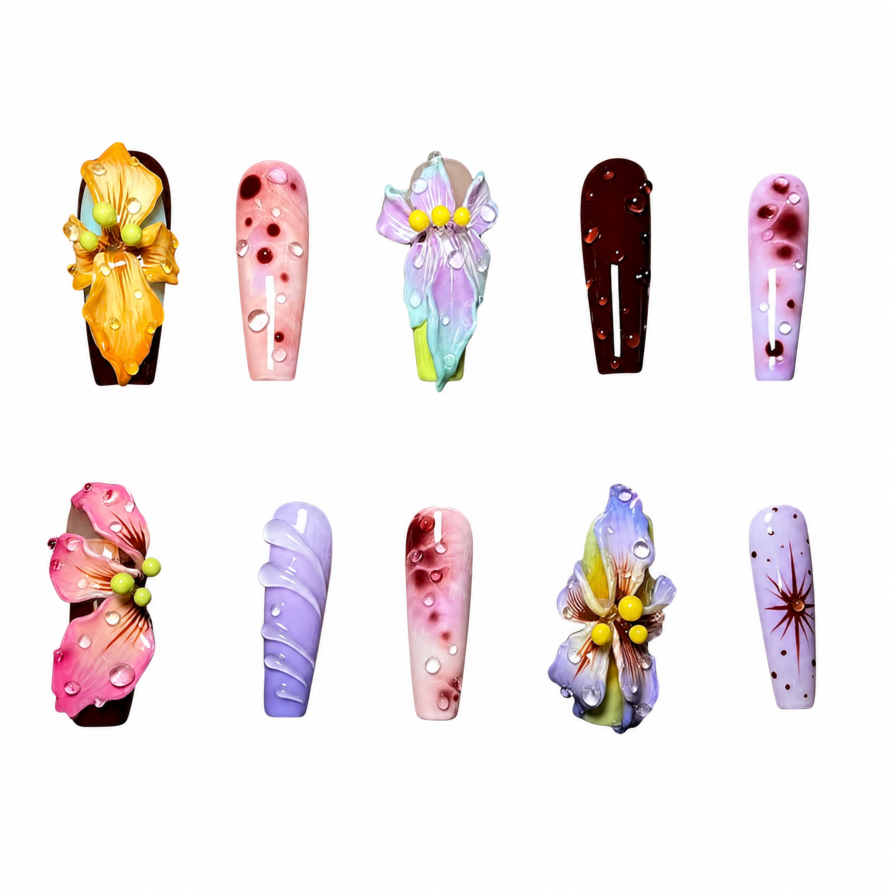 High-gloss artistic press-on nails with 3D sculpted colorful flowers, retro starbursts, and clear liquid water droplets.