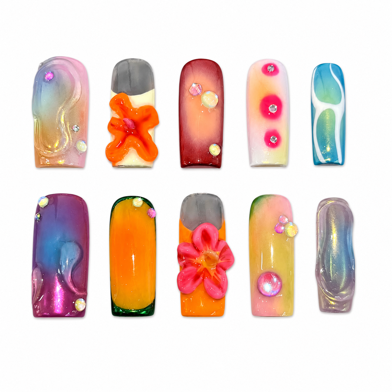 High-gloss multi-colored press-on nails with 3D sculpted flowers, fluid ripples, and aura airbrush designs.
