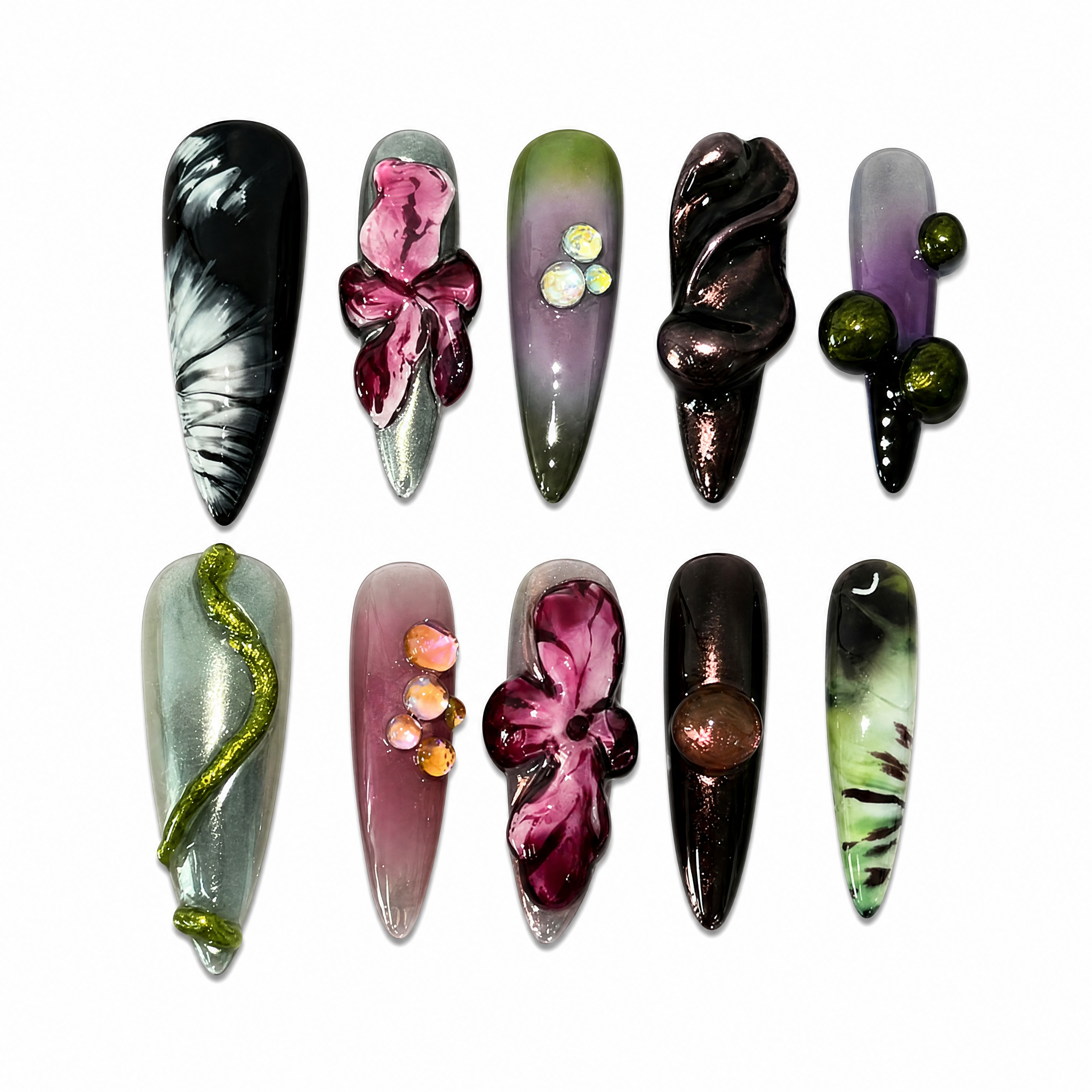 High-gloss dark gothic press-on nails with 3D sculpted plum flowers, molten bronze ripples, and abstract green and black ink art.