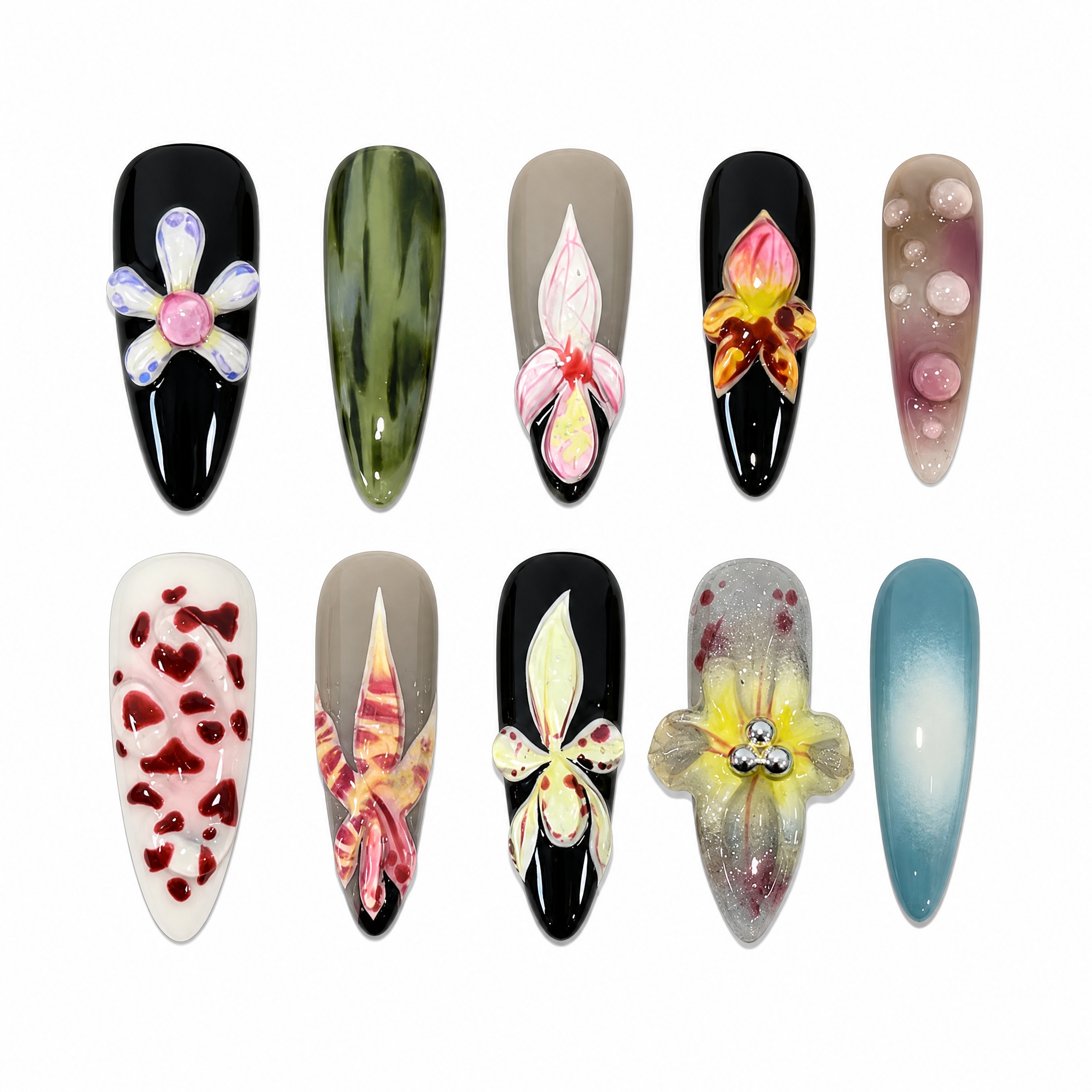 High-gloss multi-design press-on nails featuring hand-painted orchids, a 3D flower with a pink pearl center, moss green watercolor, and 3D dewdrops.