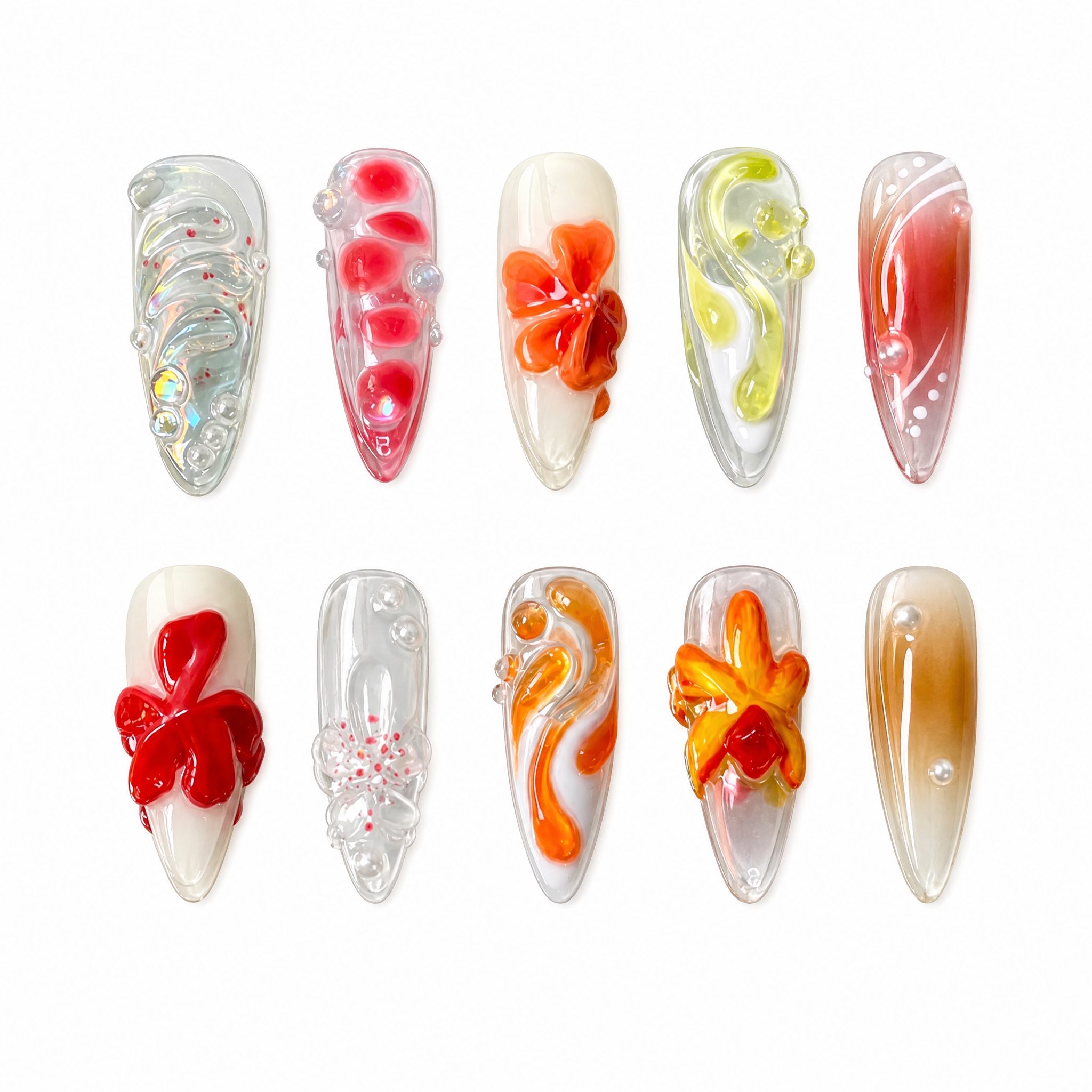 High-gloss multi-colored press-on nails with 3D sculpted red and orange flowers, colorful fluid ripples, and amber gradients.