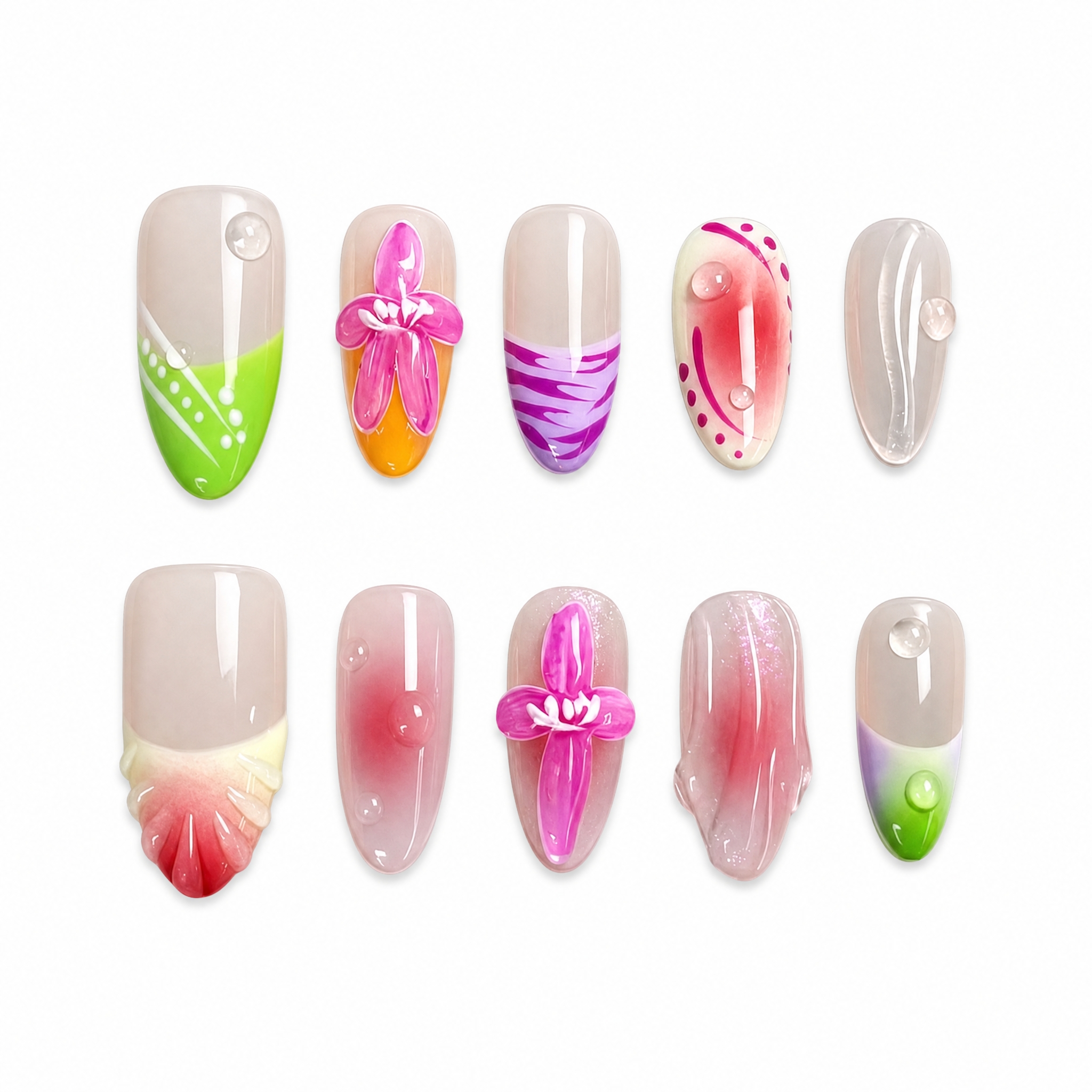 High-gloss translucent press-on nails with 3D fuchsia flowers, lime green tips, red airbrush aura, and clear water droplets.