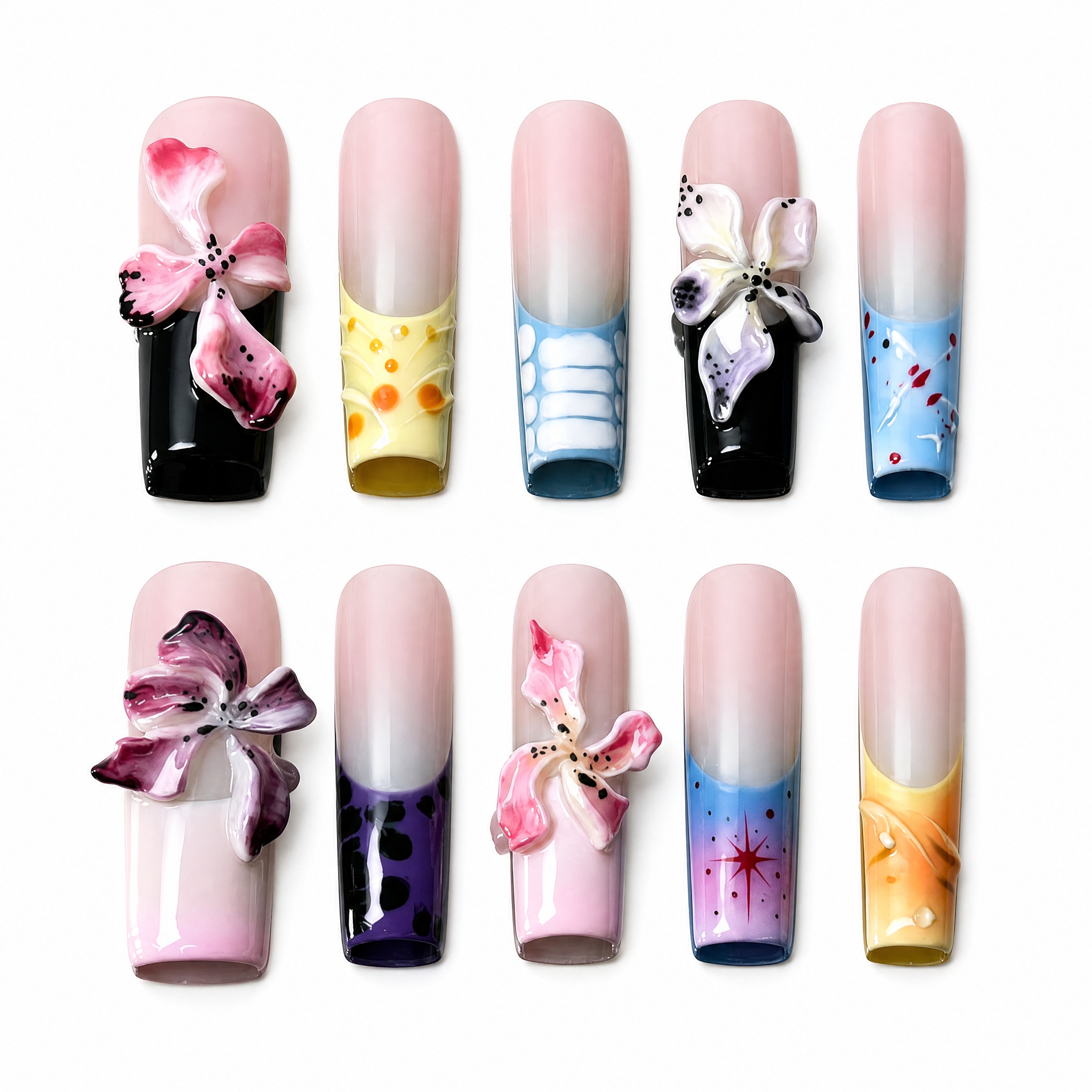 High-gloss multi-patterned press-on nails with 3D sculpted orchids, retro starbursts, and leopard print details.