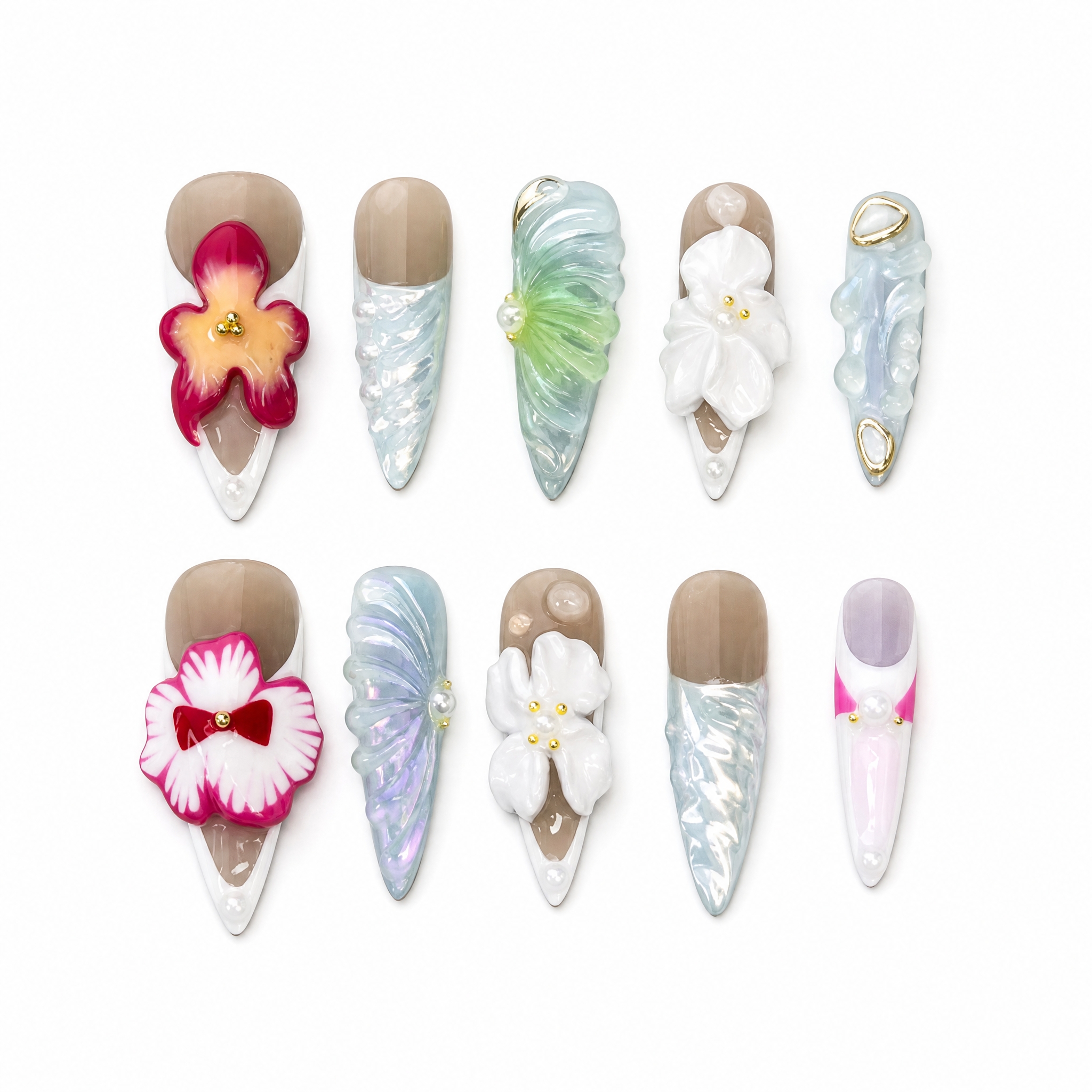 High-gloss iridescent press-on nails with 3D sculpted flowers, a small red bow accent, and textured shell ripples.