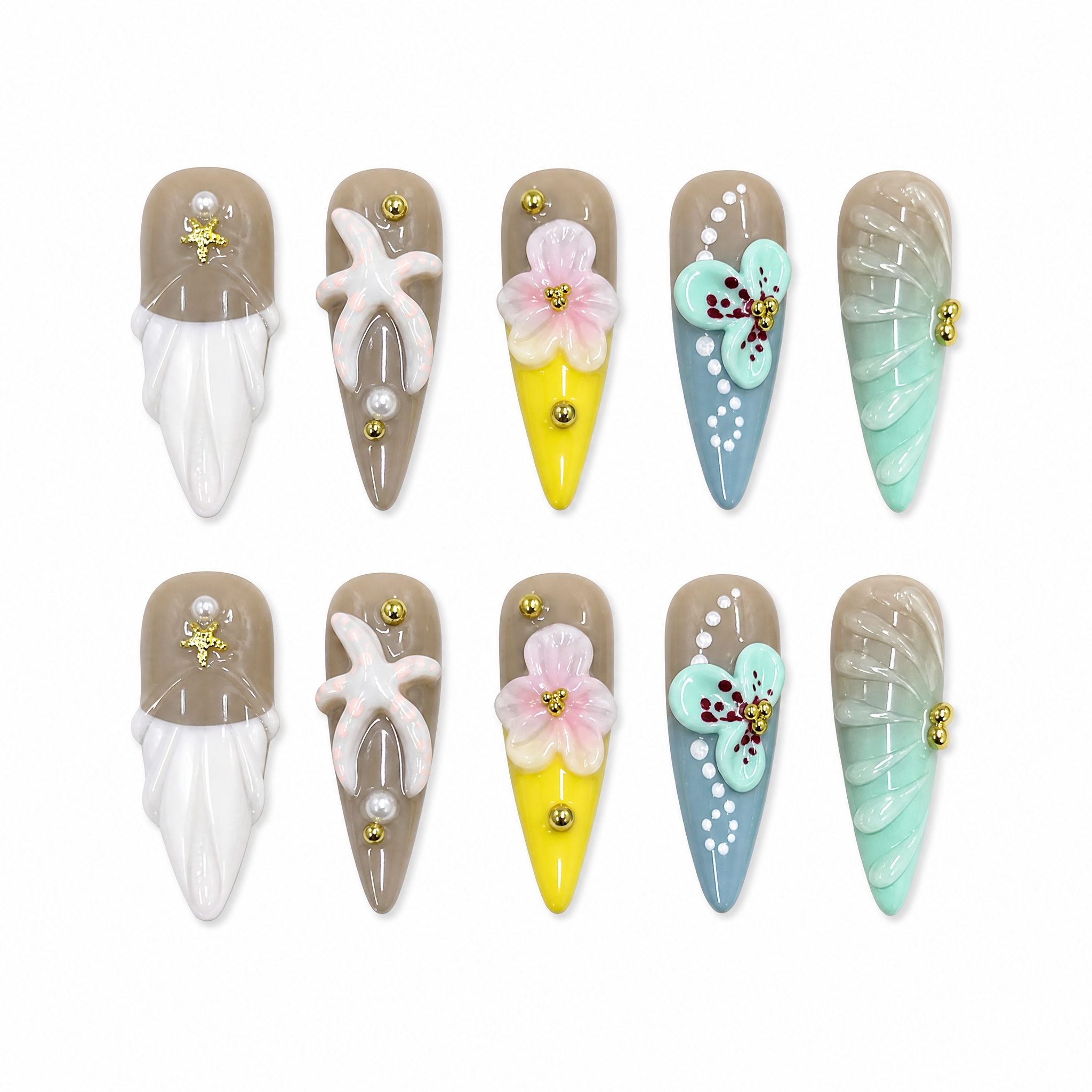 High-gloss ocean-themed press-on nails featuring 3D sculpted starfish, white seashells, mint green flowers, and pearl accents.