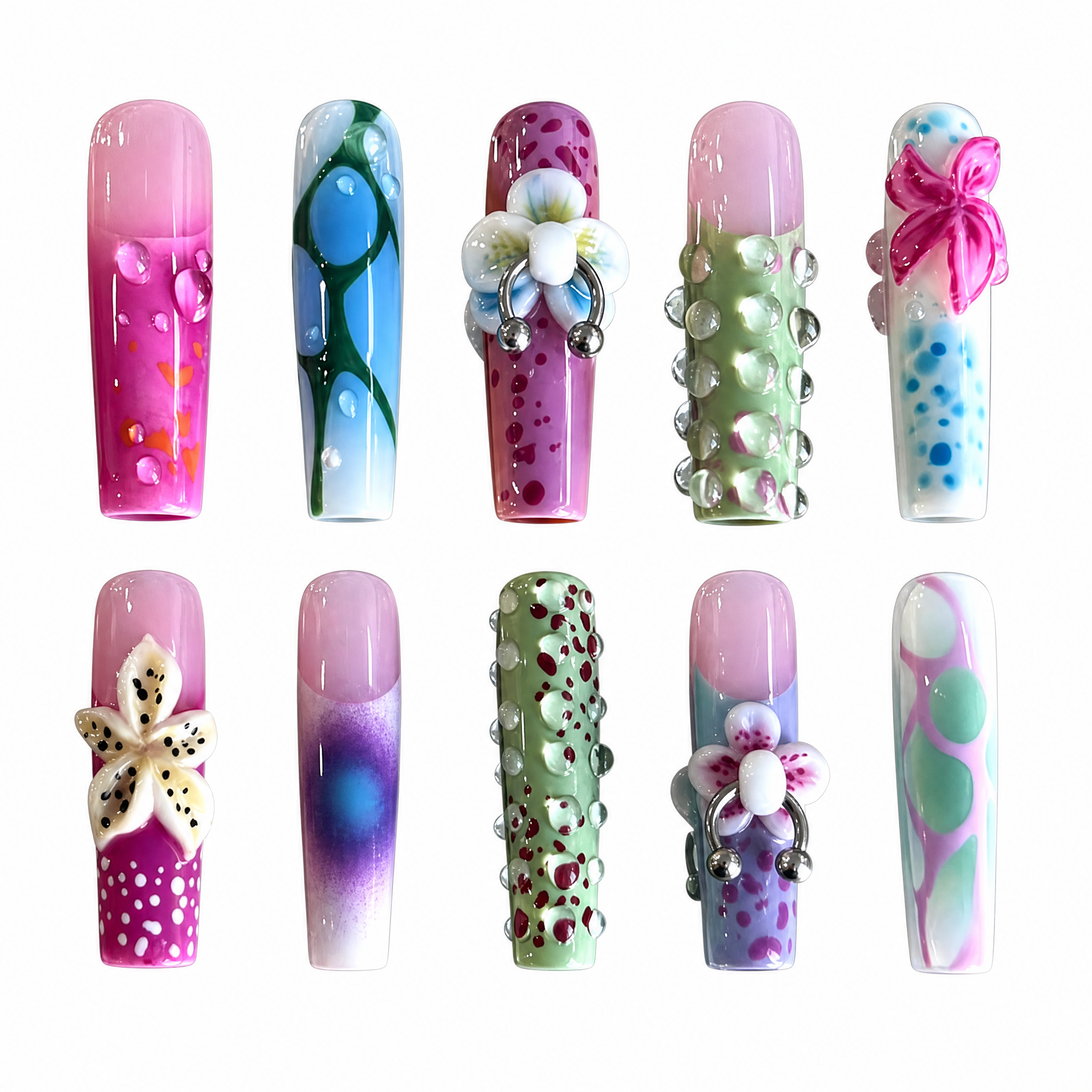High-gloss mixed-media press-on nails featuring 3D sculpted flowers with silver piercing rings, leopard prints, and raised bubble textures.