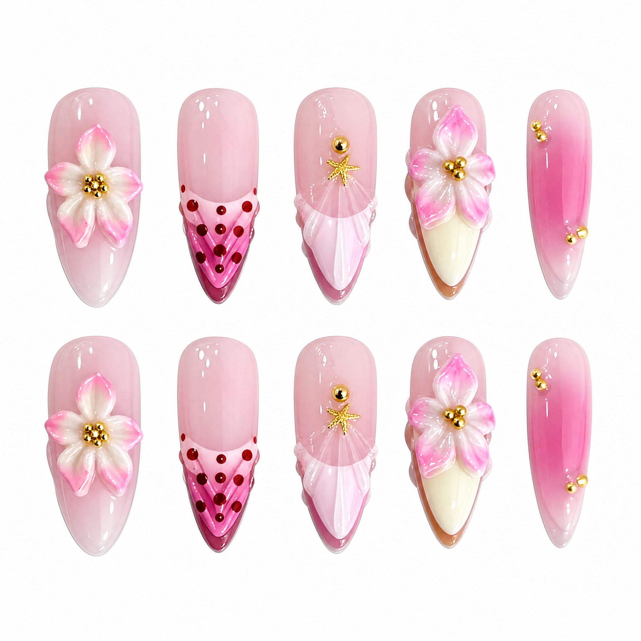 High-gloss romantic press-on nails featuring 3D sculpted pink flowers, white shell ripples, gold starfish accents, and pink gems.