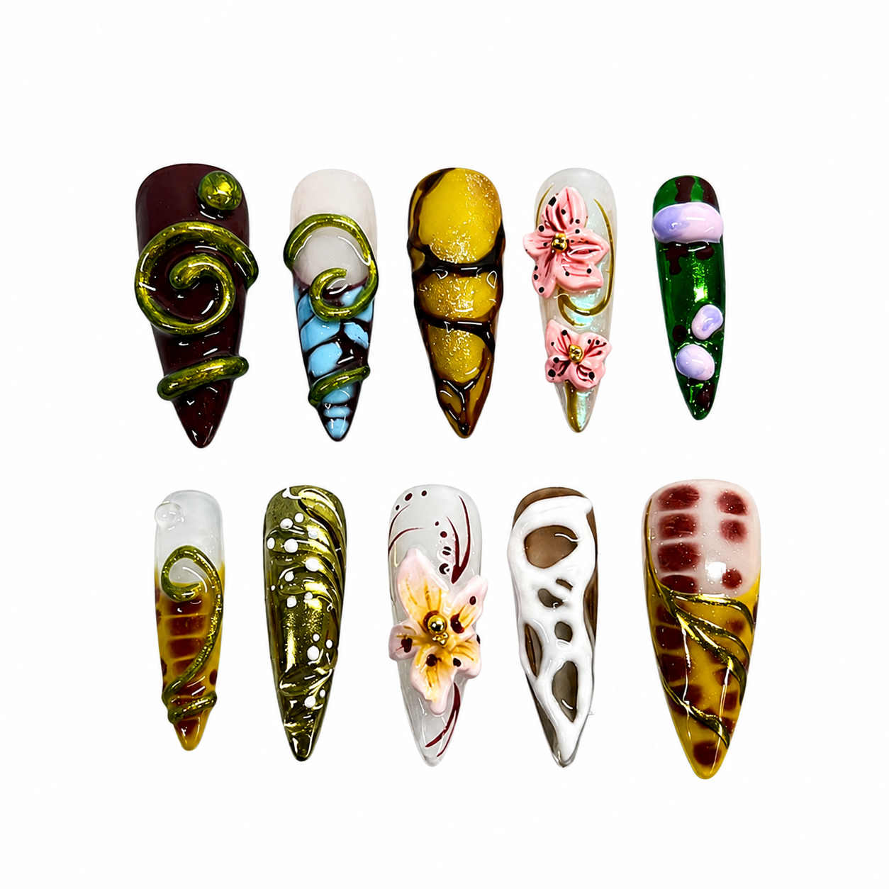 High-gloss baroque mix-and-match press-on nails with 3D sculpted flowers, metallic green swirls, and tortoiseshell patterns.