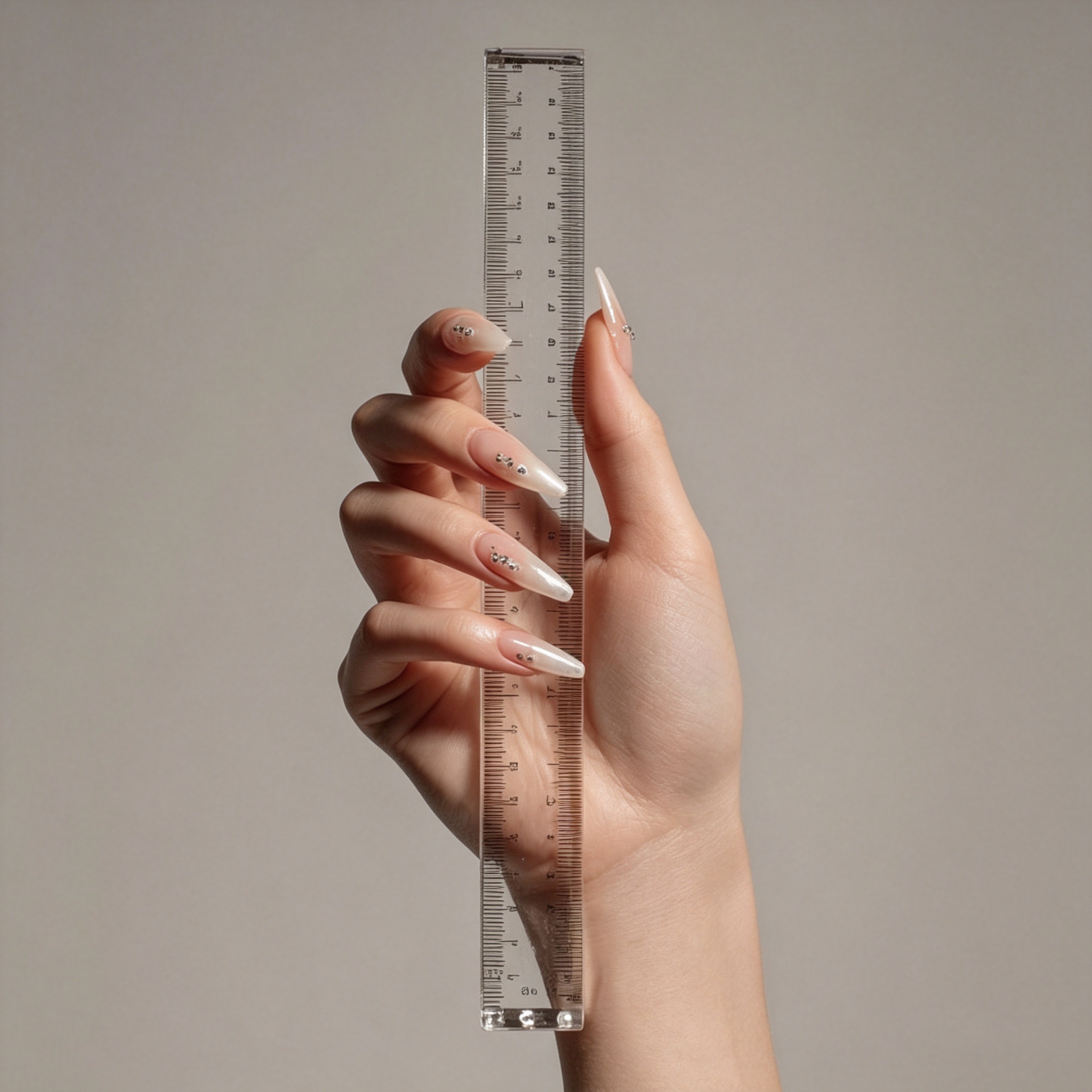Aesthetic closeup measuring fingernail size with ruler, size guide for custom handmade press on nails