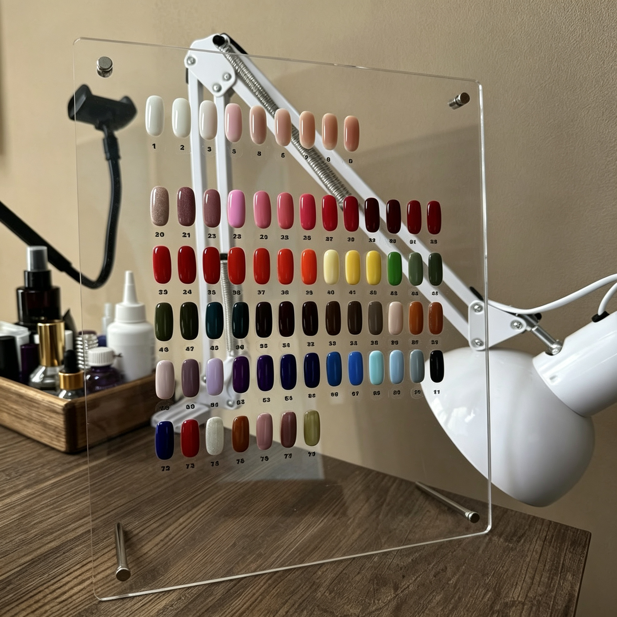 Nail polish color display rack, selecting design inspiration for bespoke custom press on nail orders