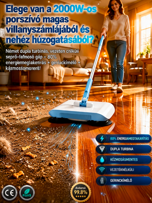2 az 1-ben Okos Seprő-Felmosó Gép – Gerinckímélő, öntisztító és szőreltávolító