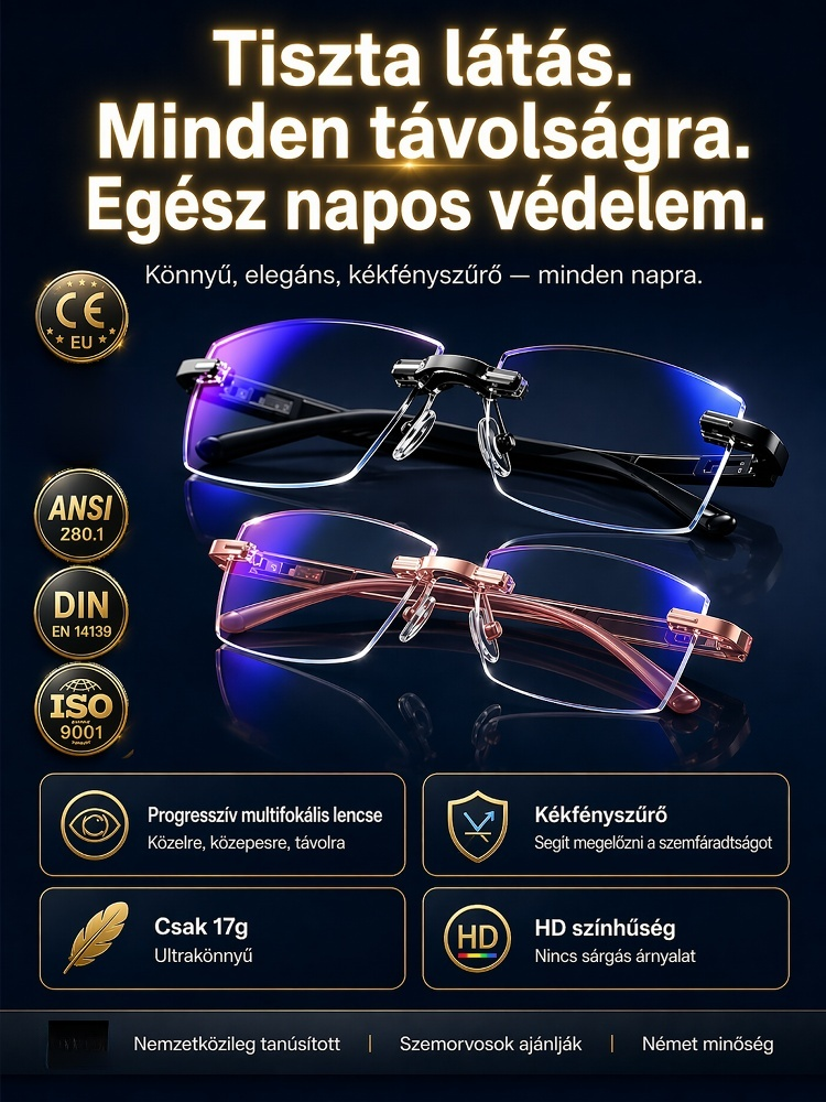 Német prémium gyémántcsiszolt progresszív szemüveg | 1 szemüveg 3 helyett · Csak 17g · 99% kékfény-szűrő