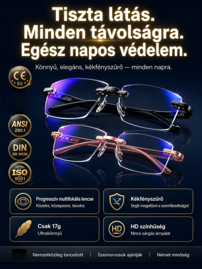 Német prémium gyémántcsiszolt progresszív szemüveg | 1 szemüveg 3 helyett · Csak 17g · 99% kékfény-szűrő