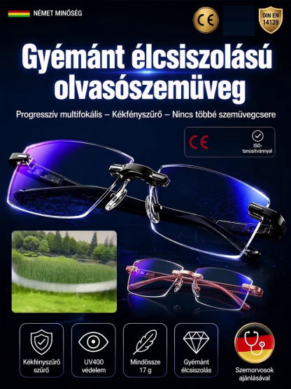 Német prémium gyémántcsiszolt progresszív szemüveg | 1 szemüveg 3 helyett · Csak 17g · 99% kékfény-szűrő