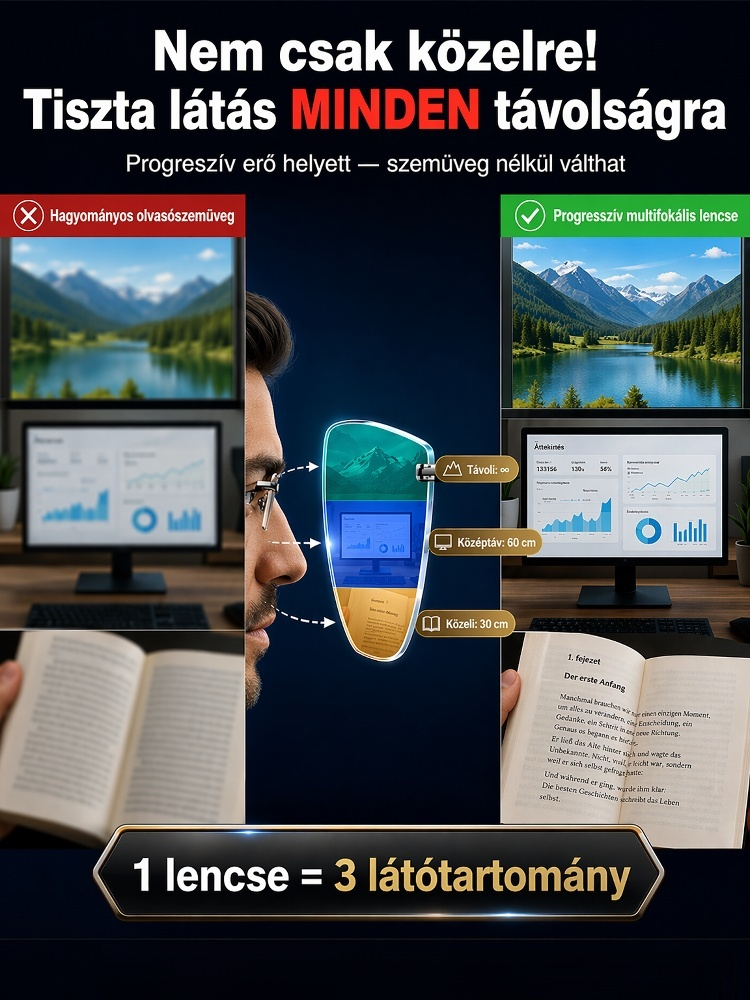 Intelligens multifokális olvasószemüveg | 1 szemüveg 3 helyett · 17g · Kékfény-szűrős & karcálló