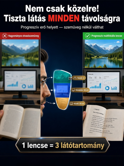 Intelligens multifokális olvasószemüveg | 1 szemüveg 3 helyett · 17g · Kékfény-szűrős & karcálló