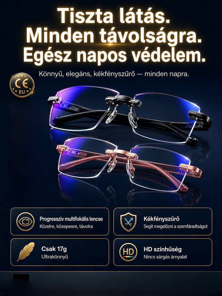 Intelligens multifokális olvasószemüveg | 1 szemüveg 3 helyett · 17g · Kékfény-szűrős & karcálló