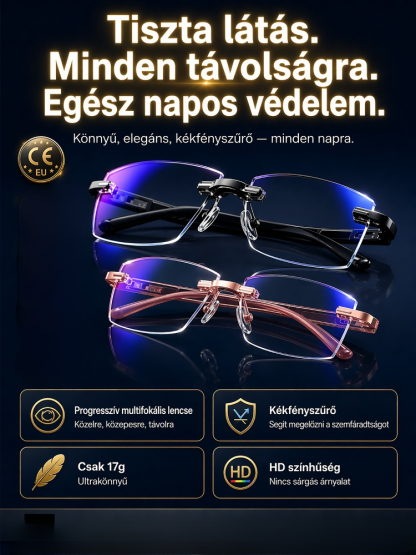 Intelligens multifokális olvasószemüveg | 1 szemüveg 3 helyett · 17g · Kékfény-szűrős & karcálló