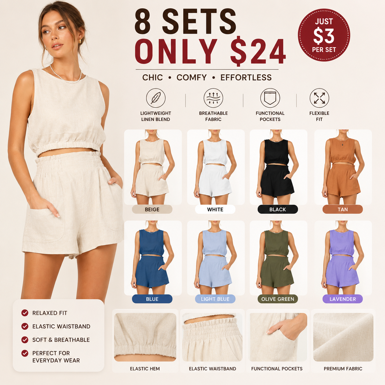 Women's 2pcs Summer Outfits Sleeveless Crop Tank Top and High Waist Pocketed Shorts Loose 2 Piece Short Sets
