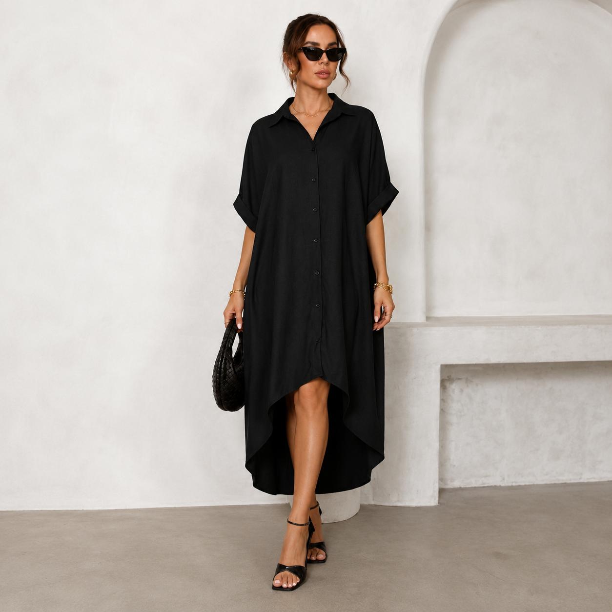 Elengatine Women Sexy Black Shirt Dress, Classic Turn-Down Collar Button Up Dress, Short Sleeve Midi Dress with Curved Split Hem, Chic Baddie Aesthetic Streetwear, Casual Loose Flowy A-Line Summer Sundress Elegant Polyester