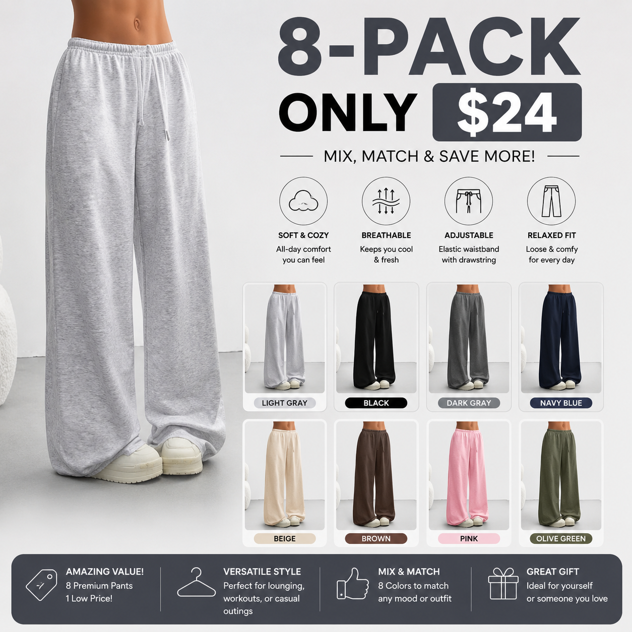 Women's 1/2/3 Pack Oversized Sweatpants - Loose Lounge & Streetwear Pants