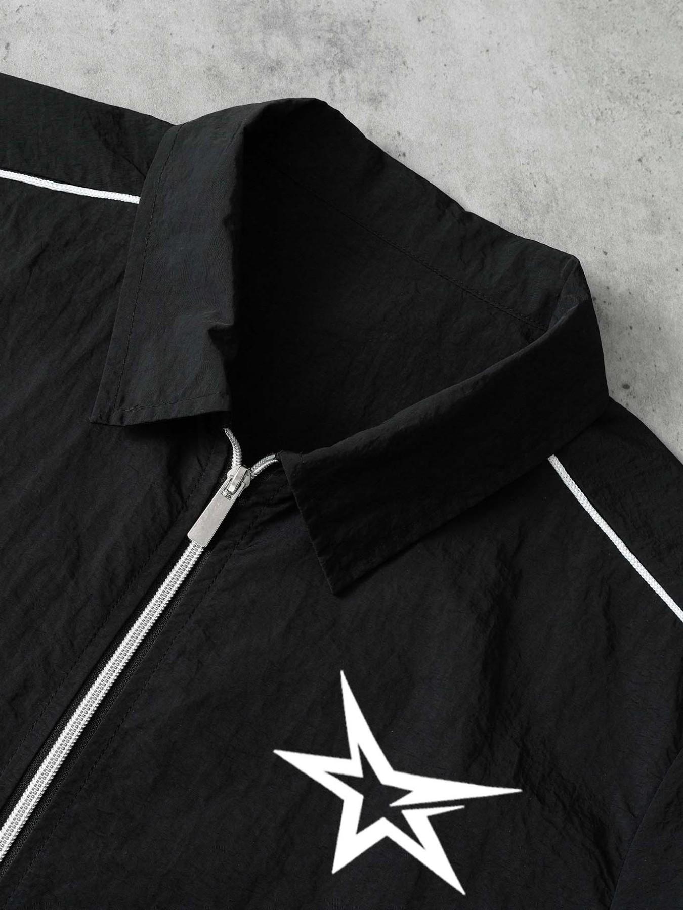 Stars Pattern Casual Set Short Sleeve Zipper Shirt + Gym Shorts Two-Piece Set, Breathable Comfort Spring Summer Daily Wear Activewear Set