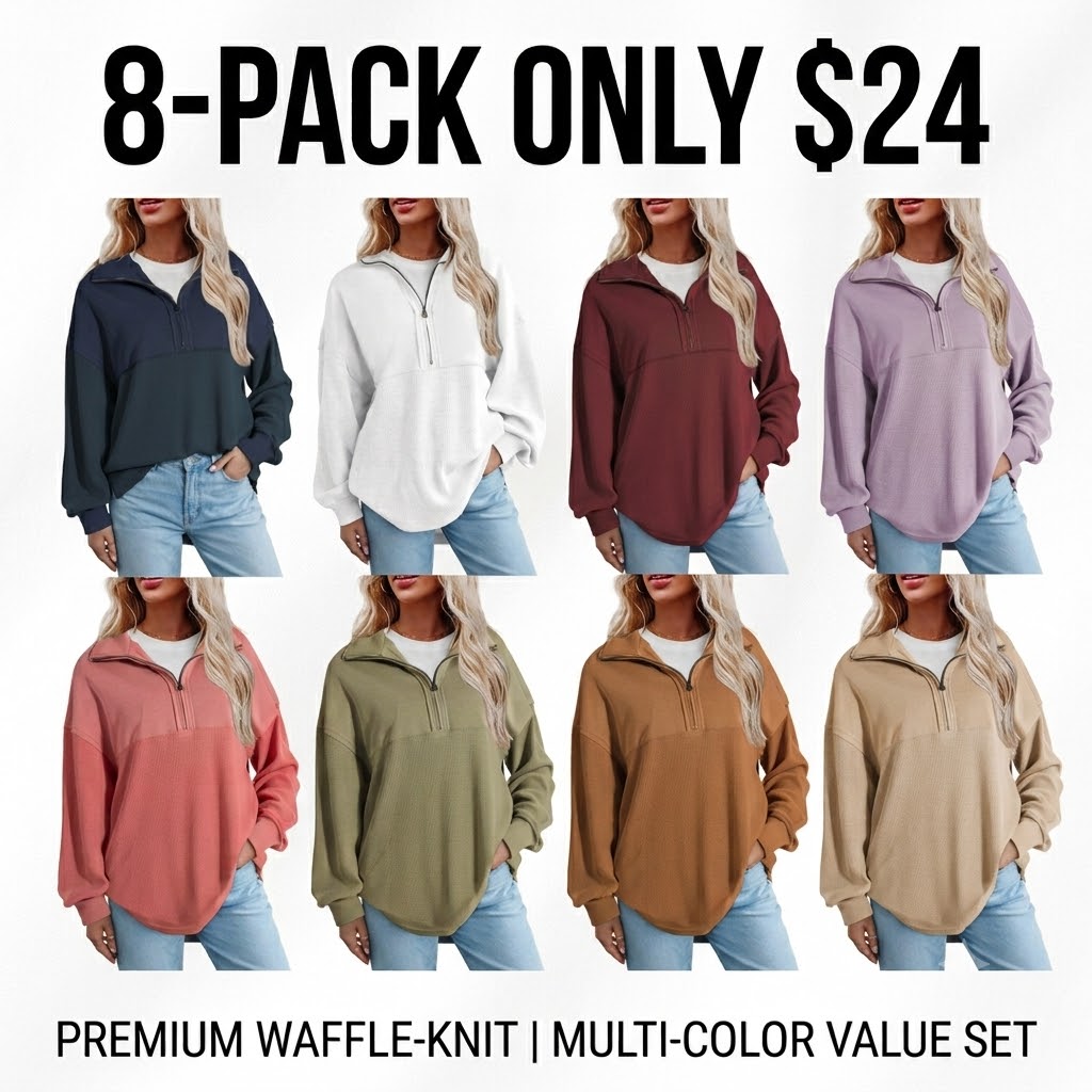 Women's Half-Zip Waffle Knit Pullover - Oversized Long Sleeve Casual Cotton Top
