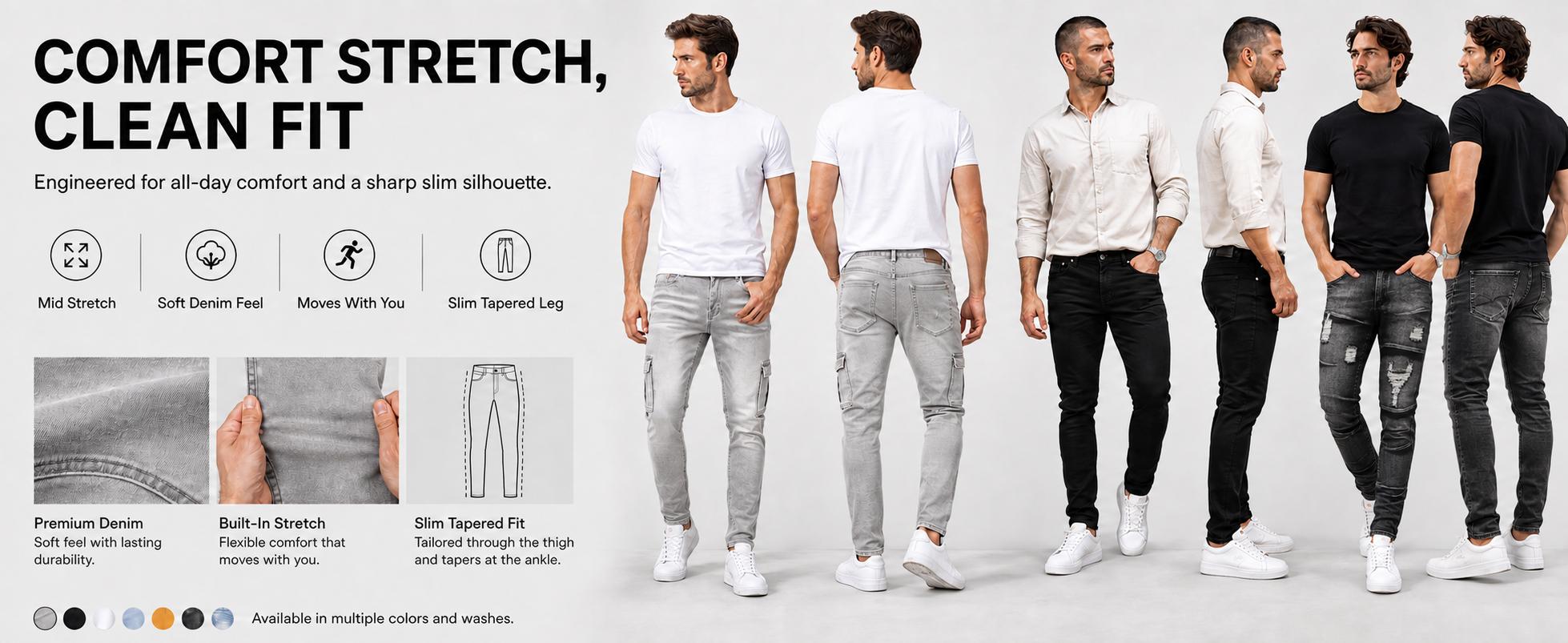 JUNBAOSS Menswear Men's Stretchy Skinny Denim Jeans - Elastized Comfort Waist, Distressed Ripped, Slim Tapered Leg, Full-Length Cotton Pants with Zipper, Classic Personalized Design, Hipster, Stylish