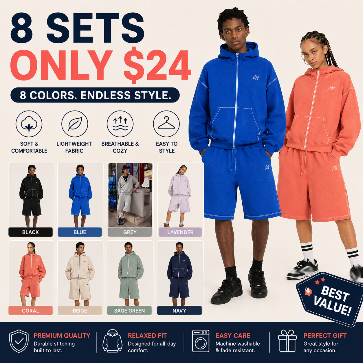 Cloud Boxy Sweat Set Contrast Stitch Zip-Up Jacket & Shorts Oversized Unisex