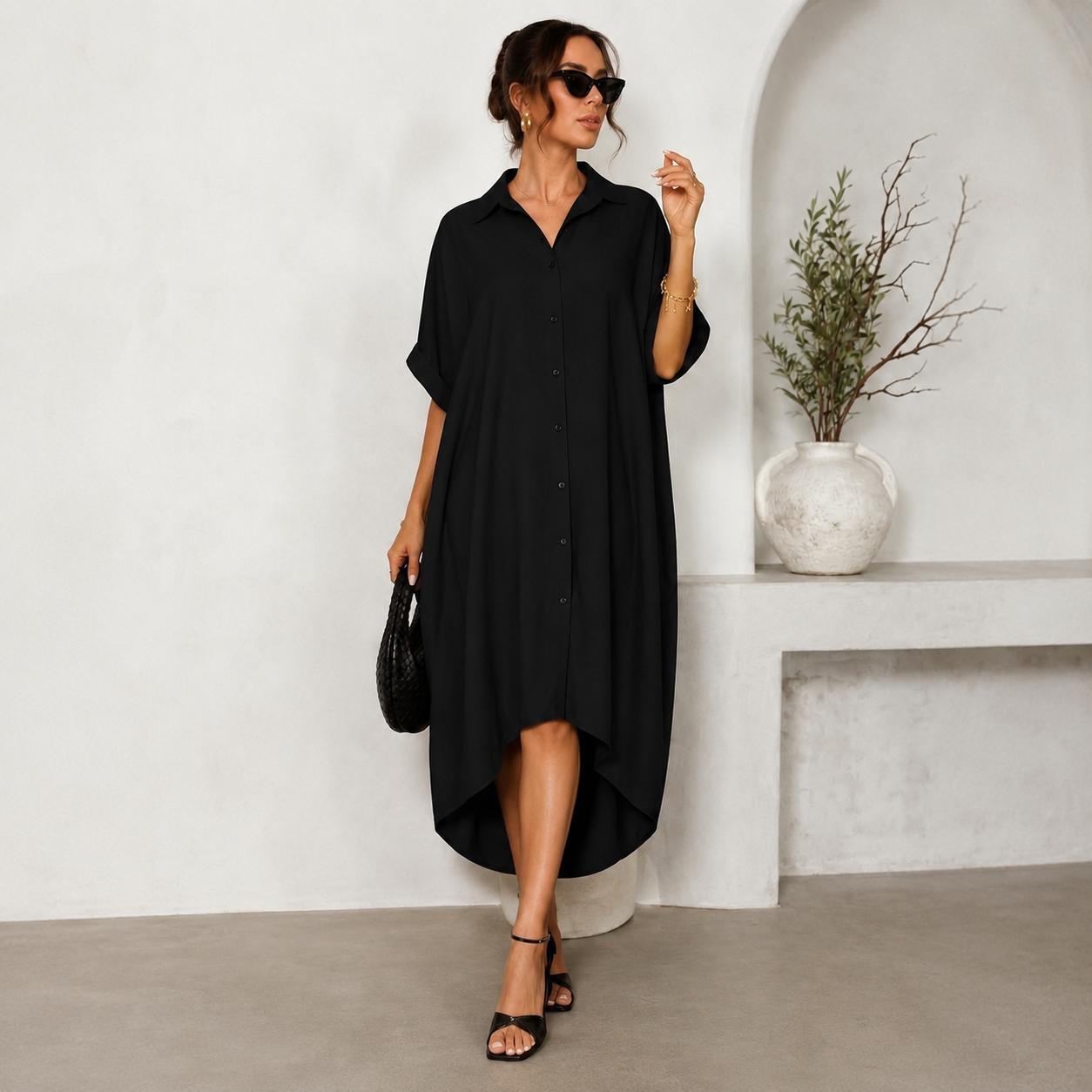 Elengatine Women Sexy Black Shirt Dress, Classic Turn-Down Collar Button Up Dress, Short Sleeve Midi Dress with Curved Split Hem, Chic Baddie Aesthetic Streetwear, Casual Loose Flowy A-Line Summer Sundress Elegant Polyester