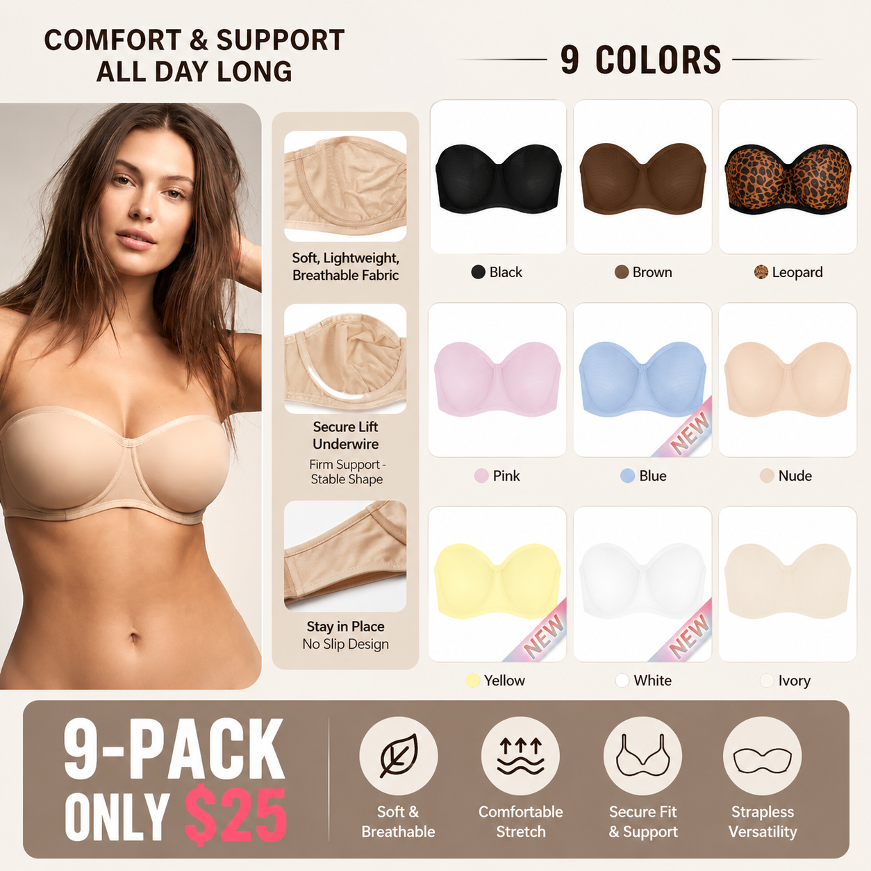 Women's Convertible Strapless Minimizer Bandeau Bra Underwire Unlined for Large Bust
