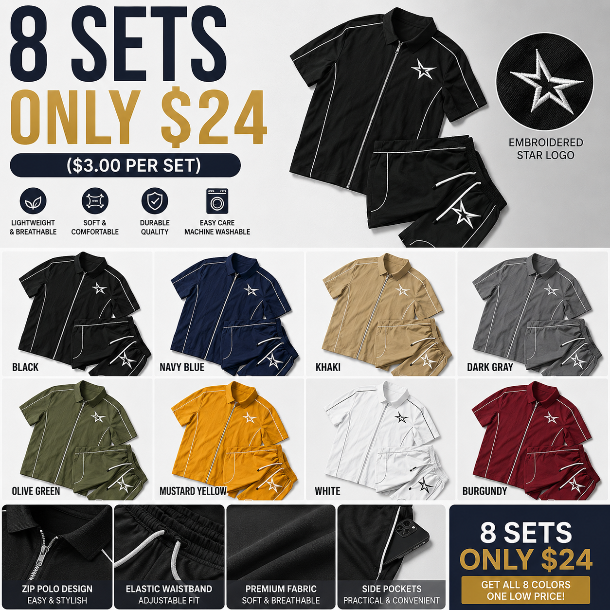 Stars Pattern Casual Set Short Sleeve Zipper Shirt + Gym Shorts Two-Piece Set