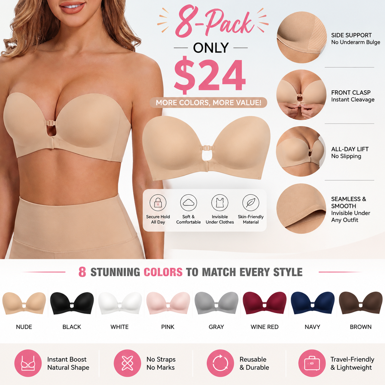 Women's Strapless Front Closure Push Up Bra – Non-Slip Padded Wireless Bra with Removable Straps