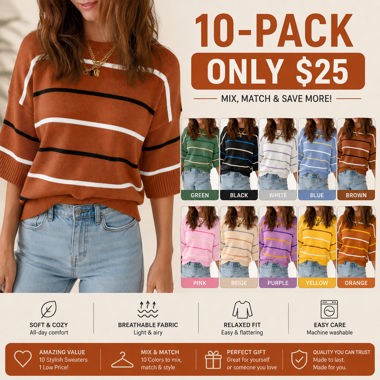 Women's Striped Knit Round Neck Shortsleeve Baggy Pullover
