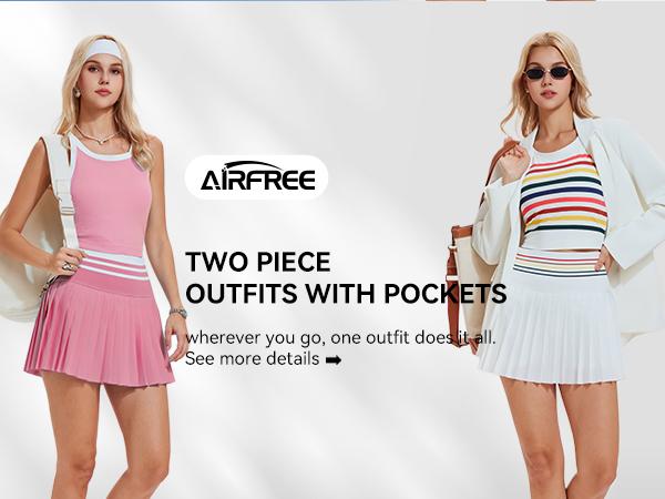 Airfree Two Piece Tennis Skirt Set Golf Outfits for Women High Waisted Tennis Short Dress with Pockets Athletic 2 Piece Sets