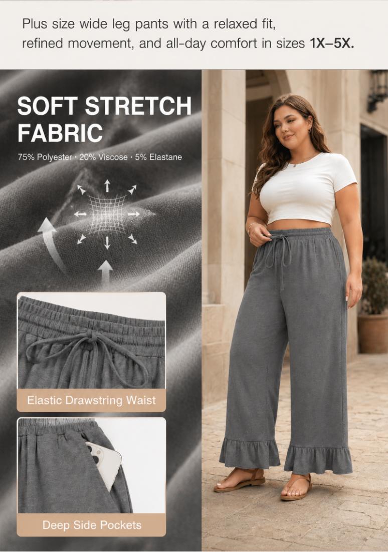 Eytino Womens Plus Size Wide Leg Pants Casual Elastic High Waisted Drawstring Ruffle Hem Palazzo Pants with Pockets(1X-5X)