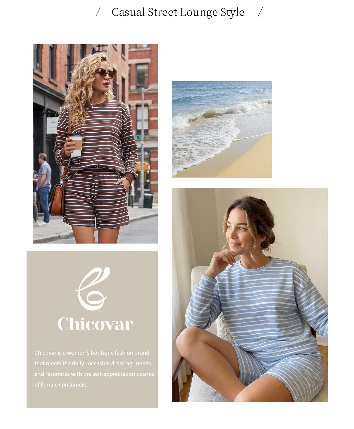 Chicovar Women's Striped Lounge Set, Oversized Long Sleeve Crewneck Top and Shorts Matching Set, Casual Relaxed Fit Two Piece Outfit, Comfy Everyday Loungewear
