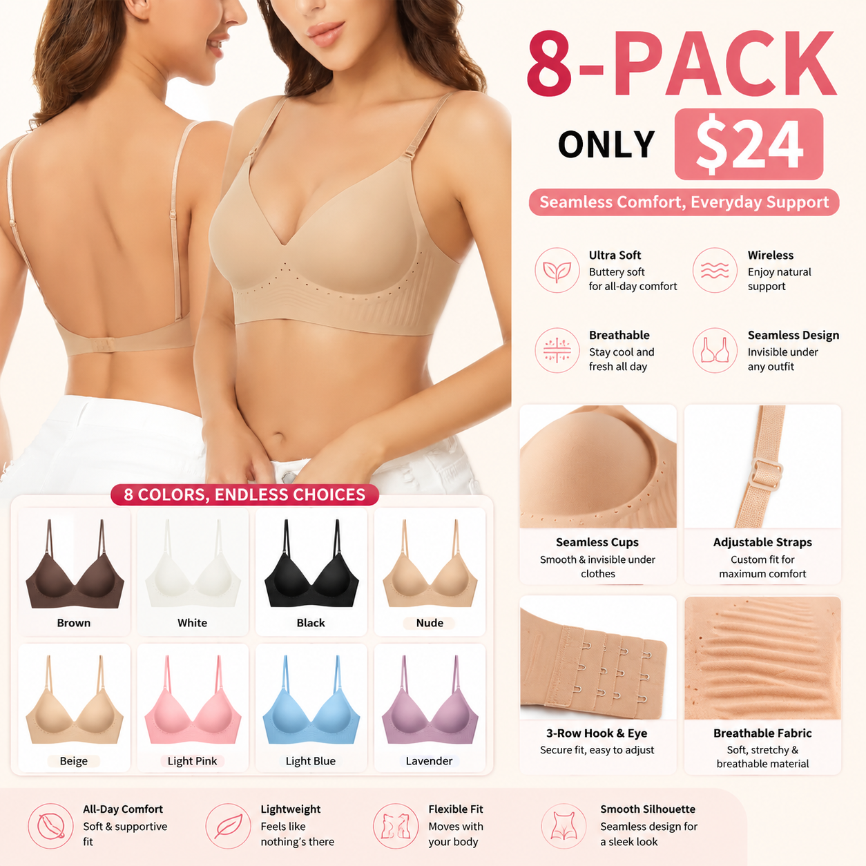 🔥🔥LAST DAY SALE 90% OFF💕 Low Back Backless Bras for Women Seamless Invisible Backless Bra