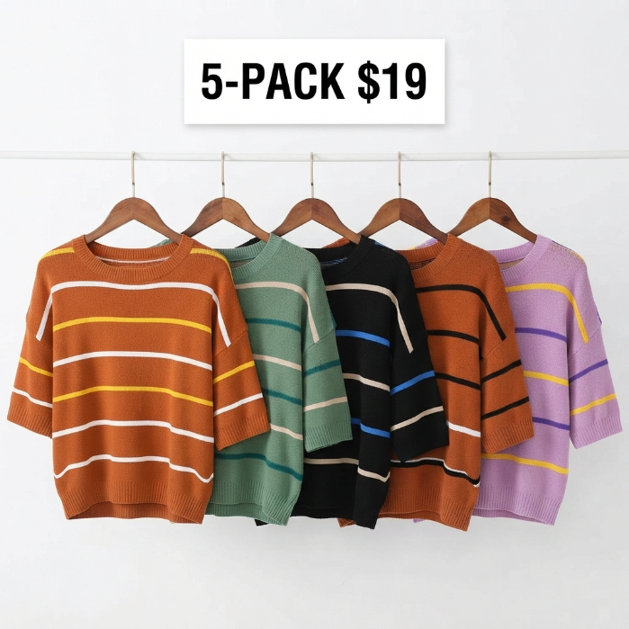 Women's Striped Knit Round Neck Shortsleeve Baggy Pullover