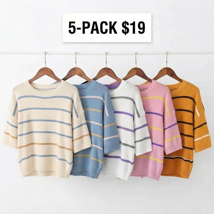 Women's Striped Knit Round Neck Shortsleeve Baggy Pullover