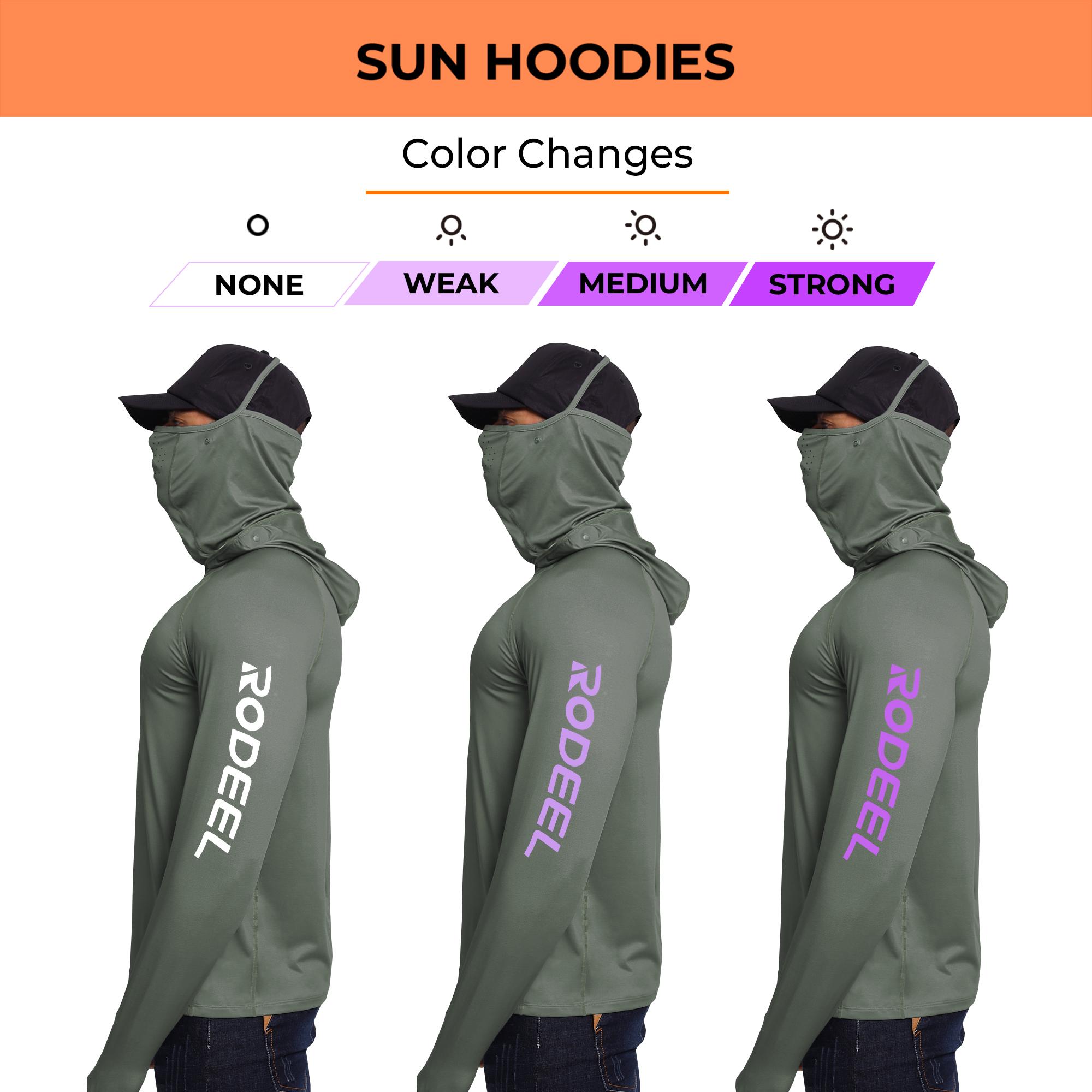 【RODEEL】936 Sun Hoodie Shirts w/ UV Detection Logo Mask Neck Gaiter Thumbhole Men UPF 100+ Sun Protection Long Sleeve Lightweight Quick Dry Moisture Wicking Breathable Cooling Athletic Activewear for Outdoor Fishing Boating Framing Roofing summervibes