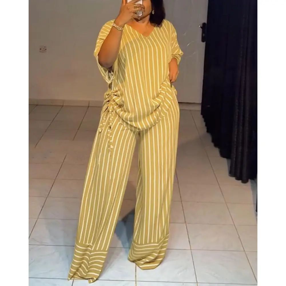 BreezeStyle Striped V-Neck Drawstring Wide-Leg Set